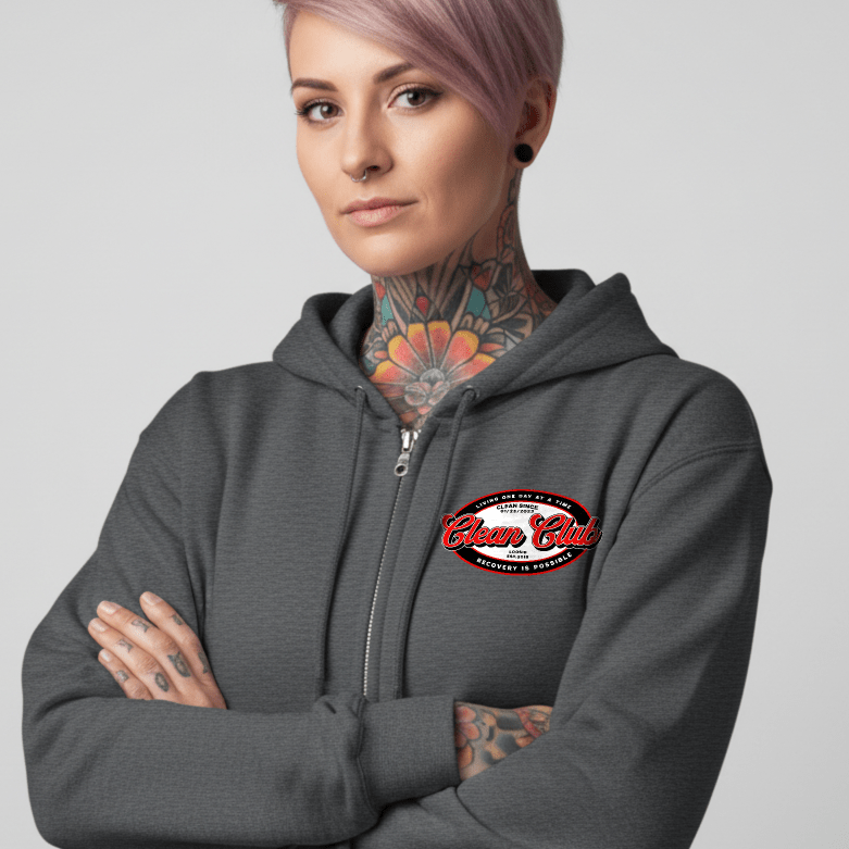 Clean Club Badge Left Chest Print Unisex Zip Recovery Hoodie packaging detail (view 8)