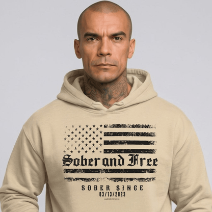 Sober and Free Custom Sobriety Date Recovery Hoodie flat lay styled image (view 33)