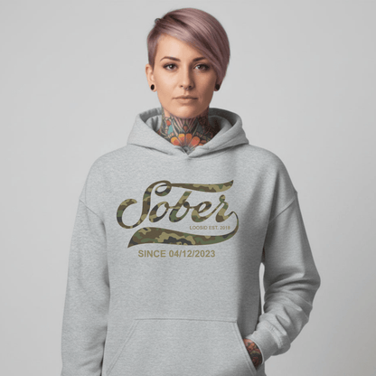 Sober Since Camo Recovery Hoodie flat lay styled image (view 13)