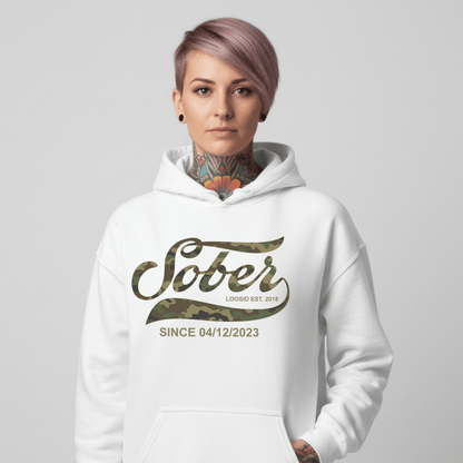Sober Since Camo Recovery Hoodie flat lay styled image (view 23)