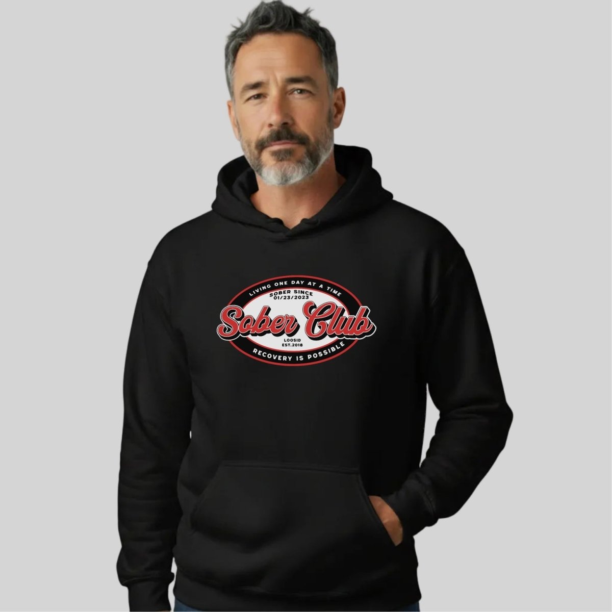 Sober Club Badge Recovery Hoodie flat lay styled image (view 3)