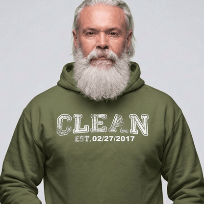 Clean Collegiate Hoodie W Personalize Recovery Date Recovery Hoodie close-up view (view 2)