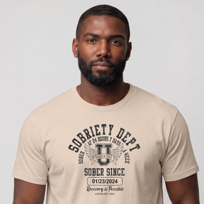 Sobriety Dept Men's T-Shirt with Custom Sobriety Date
