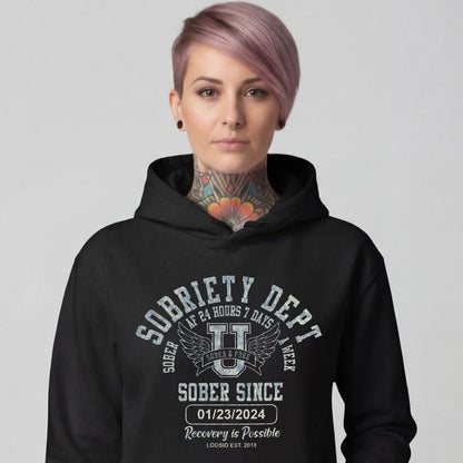 Sobriety Dept Recovery Hoodie fit detail (view 9)