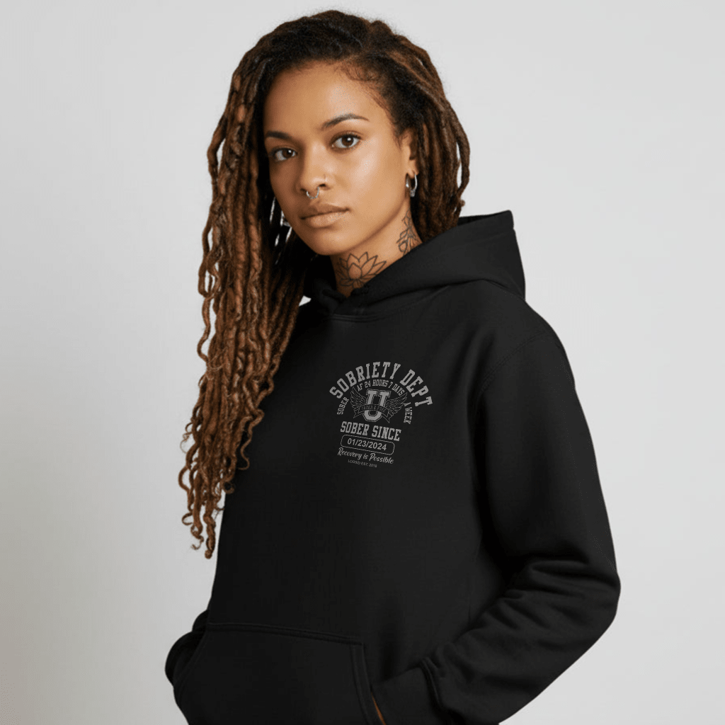Sobriety Dept Sober AF Recovery Hoodie lifestyle view (view 5)