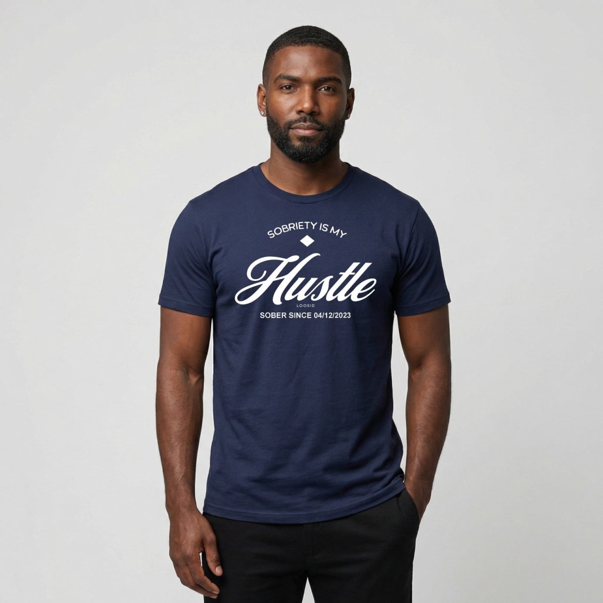 Hustle Men's Relaxed w Personalize Sober Date Sober T Shirt back view (view 7)