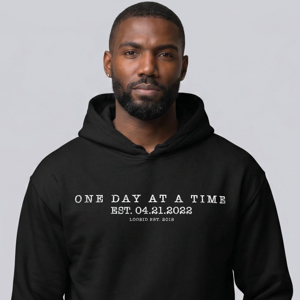 Loosid One Day At a Time Recovery Hoodie featuring the design