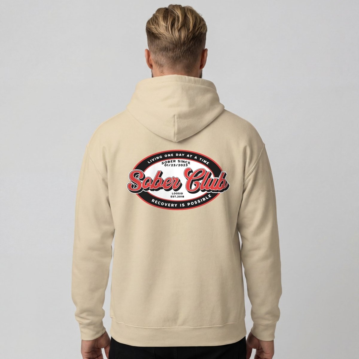 Sober Club Badge Recovery Hoodie flat lay styled image (view 43)
