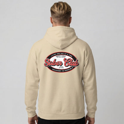 Sober Club Badge Recovery Hoodie flat lay styled image (view 43)