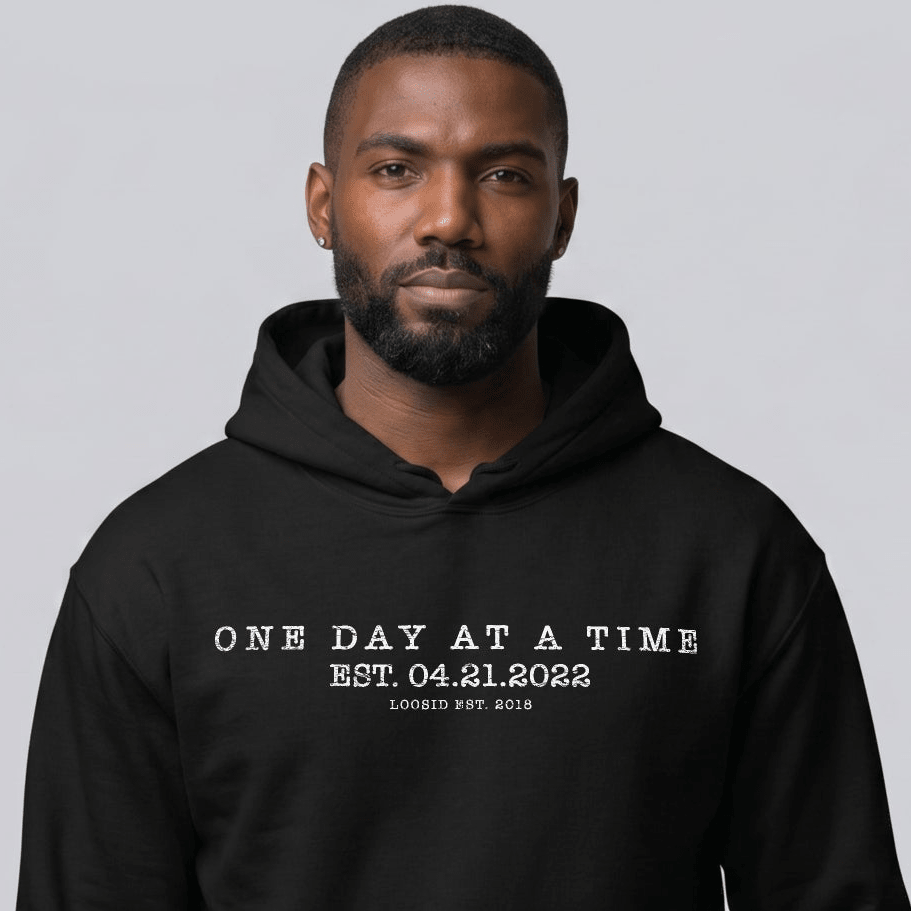 One Day At a Time Recovery Hoodie close-up view (view 2)