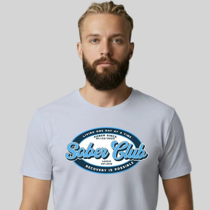Sober Club Badge Sober T Shirt flat lay styled image (view 23)