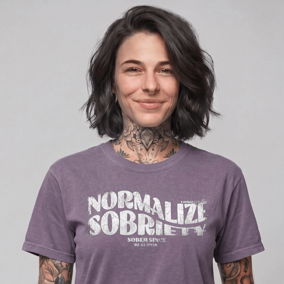 Normalize Sobriety Women garment dyed Sober T Shirt lifestyle view (view 15)