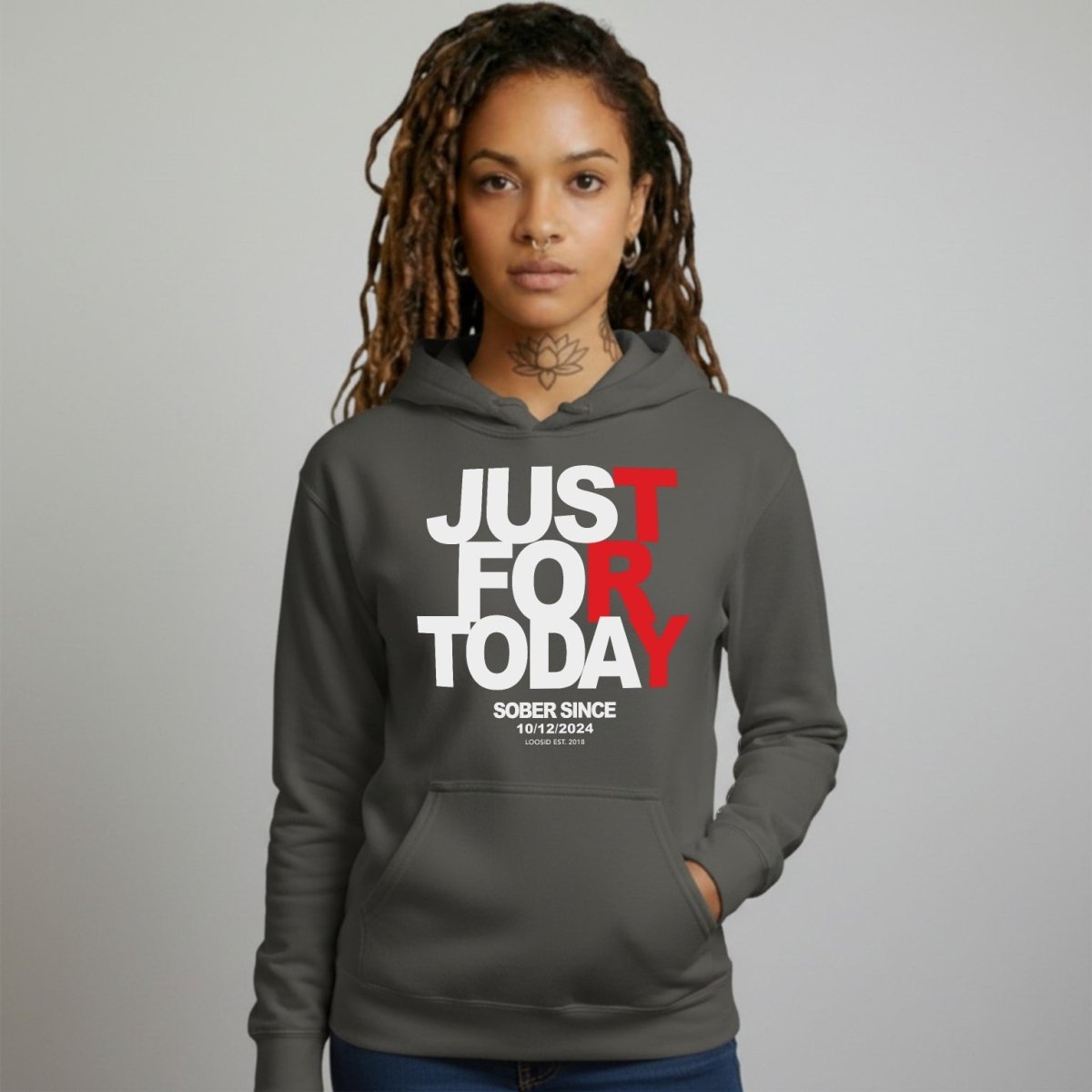 Just For Today Women's Custom Sobriety Date Recovery Hoodie lifestyle view (view 15)