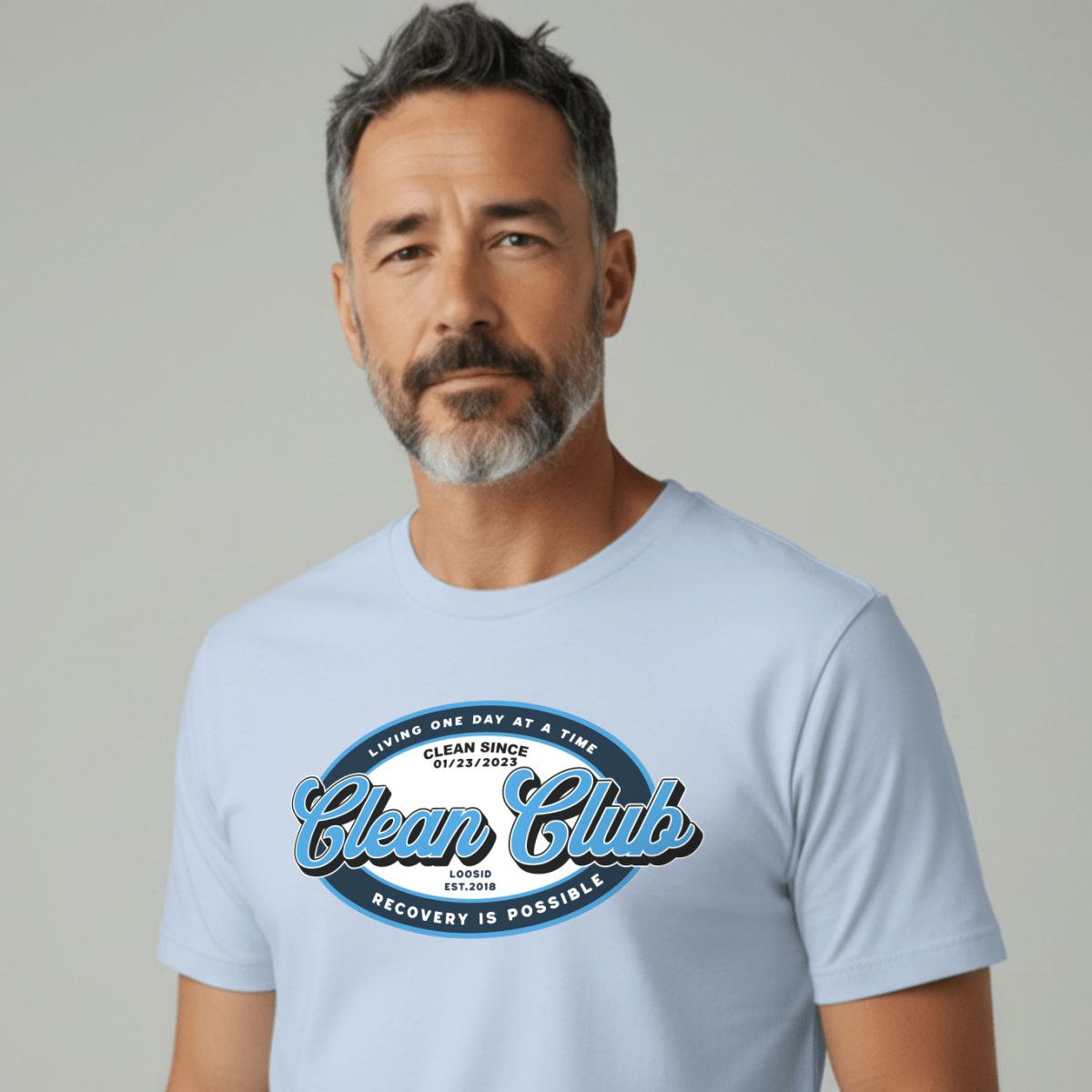 Clean Club Badge Unisex with Custom Recovery Sober T Shirt featuring the design (view 21)