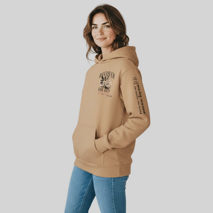 Recover Loudly Tan Recovery Hoodie Limited Edition Recovery Hoodie close-up view (view 2)