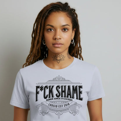 F*ck Shame Sober T Shirt flat lay styled image (view 13)
