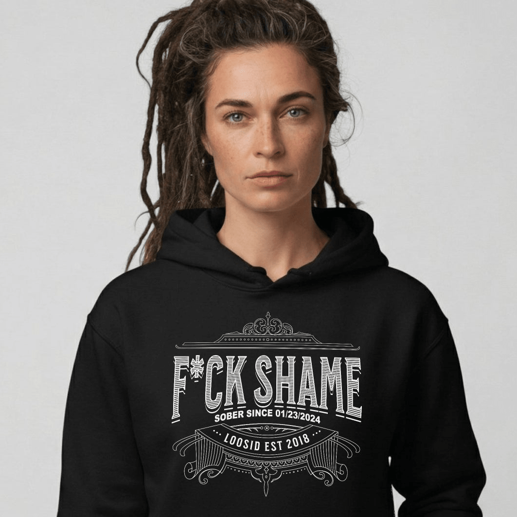 F*ck Shame Recovery Hoodie flat lay styled image (view 23)