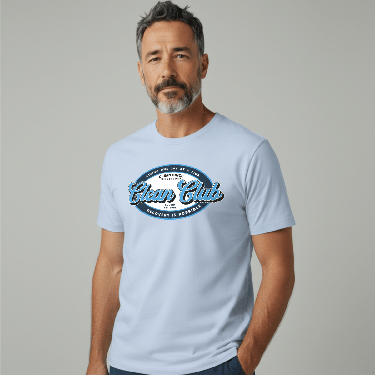 Clean Club Badge Unisex with Custom Recovery Sober T Shirt close-up view (view 22)