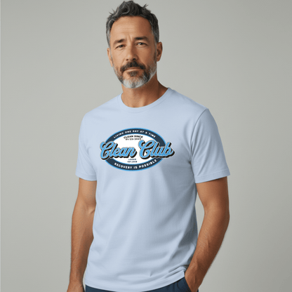 Clean Club Badge Unisex with Custom Recovery Sober T Shirt close-up view (view 22)
