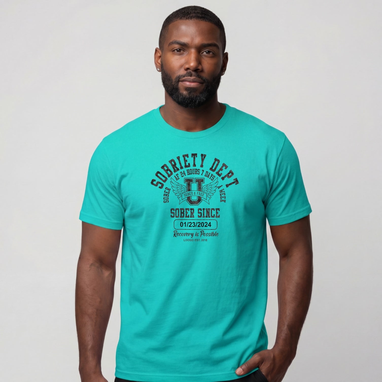 Sobriety Dept Men's T-Shirt with Custom Sobriety Date