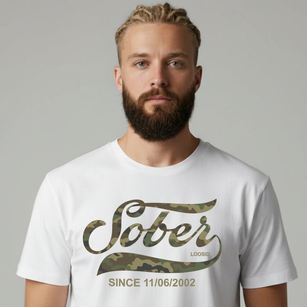 Sober Since Camo Sober T Shirt side view (view 6)