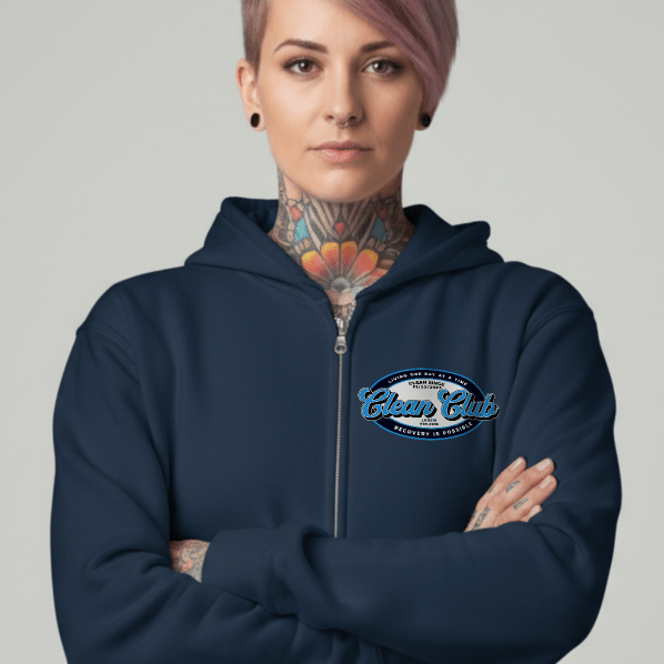 Clean Club Badge Left Chest Print Unisex Zip Recovery Hoodie product photo (view 20)