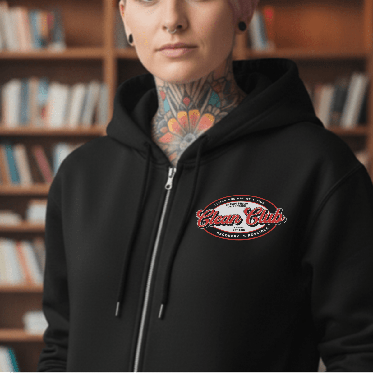 Clean Club Badge Left Chest Print Unisex Zip Recovery Hoodie close-up view (view 2)