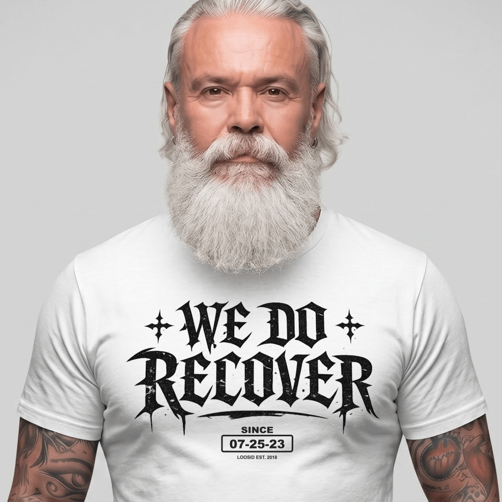 We Do Recover Sober T Shirt close-up view (view 2)