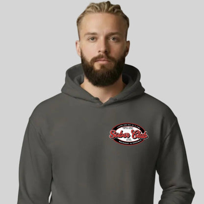 Sober Club Badge Recovery Hoodie flat lay styled image (view 33)