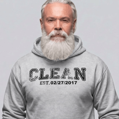 Clean Collegiate Hoodie W Personalize Recovery Date Recovery Hoodie lifestyle view (view 15)