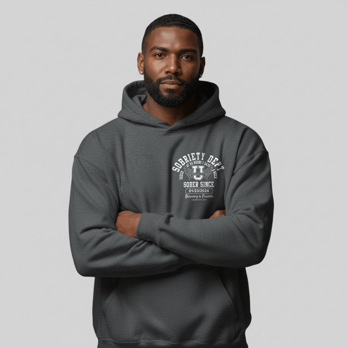 Sobriety Dept Recovery Hoodie fit detail (view 9)