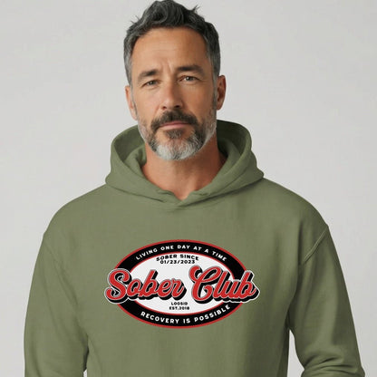 Sober Club Badge Recovery Hoodie flat lay styled image (view 23)