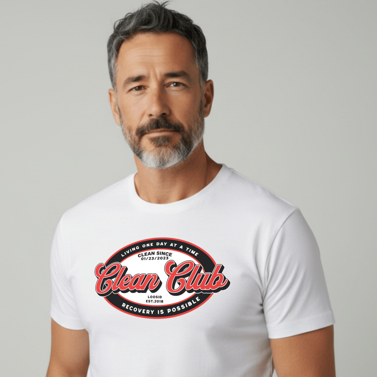 Clean Club Badge Unisex with Custom Recovery Sober T Shirt fit detail (view 9)