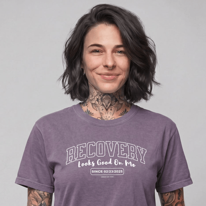 Recovery Looks Good On Me Women garment dyed Sober T Shirt lifestyle view (view 15)