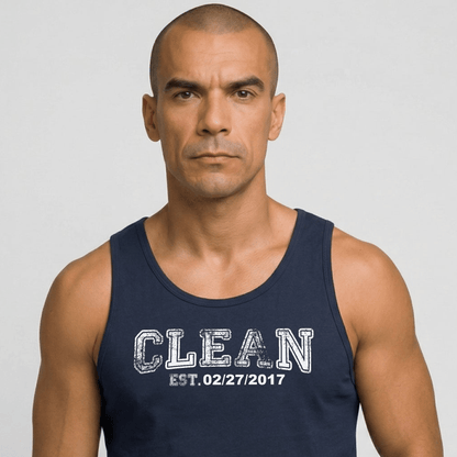 Clean Men's W Personalize Recovery Date Sober Tank Top close-up view (view 2)