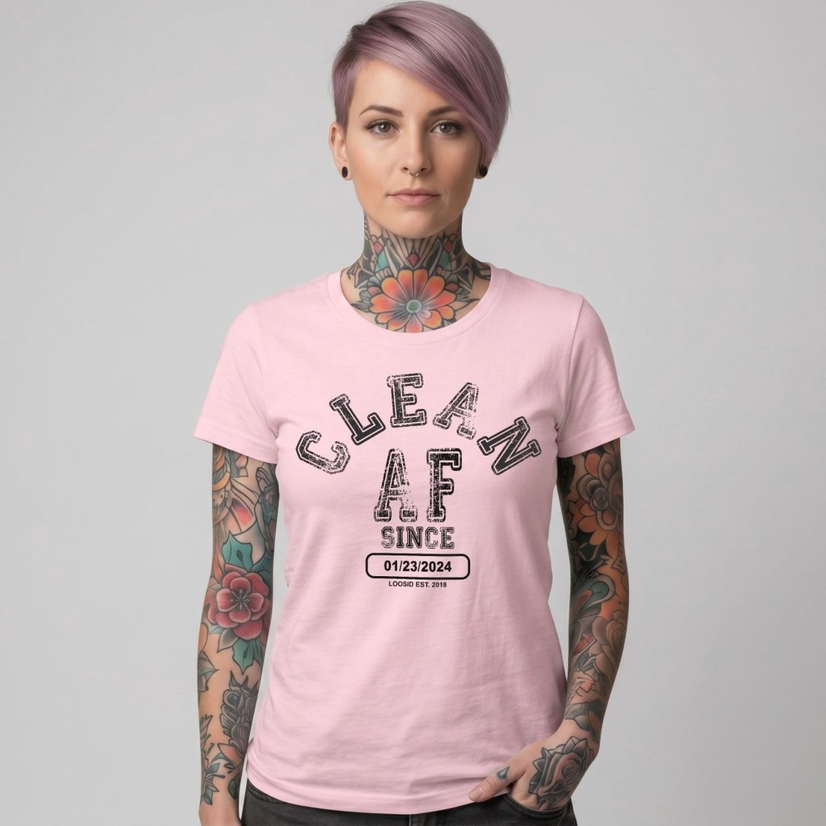 Clean AF Since Clean Sober T Shirt flat lay styled image (view 13)