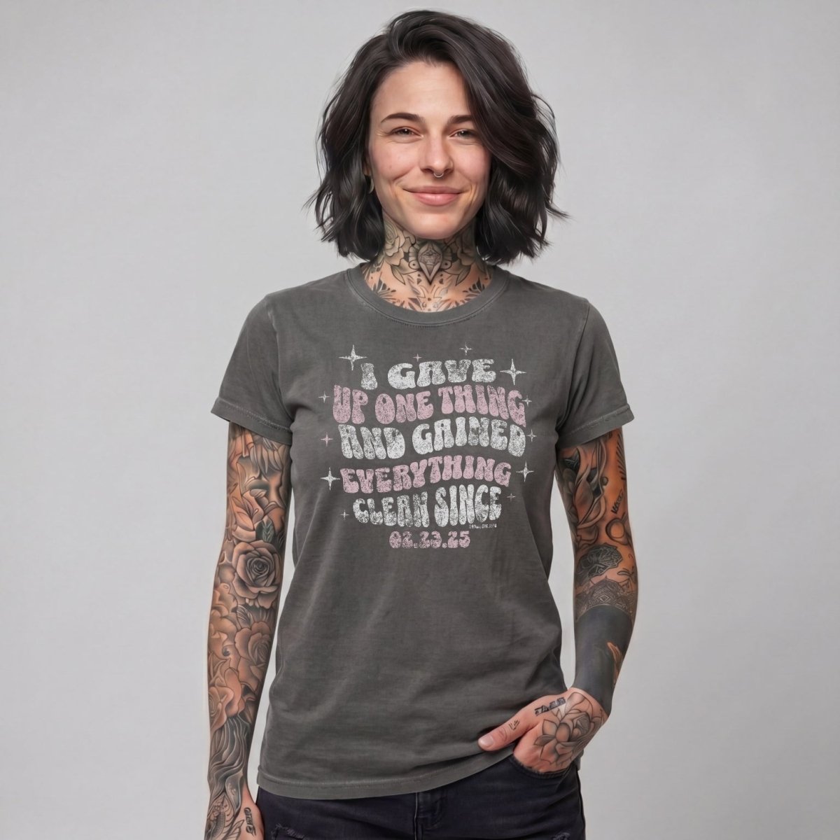 I Gave Up One Thing Women garment dyed Sober T Shirt flat lay styled image (view 13)
