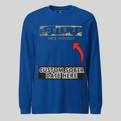 Sober AF Camo Long Sleeve Sober T Shirt flat lay styled image (view 23)