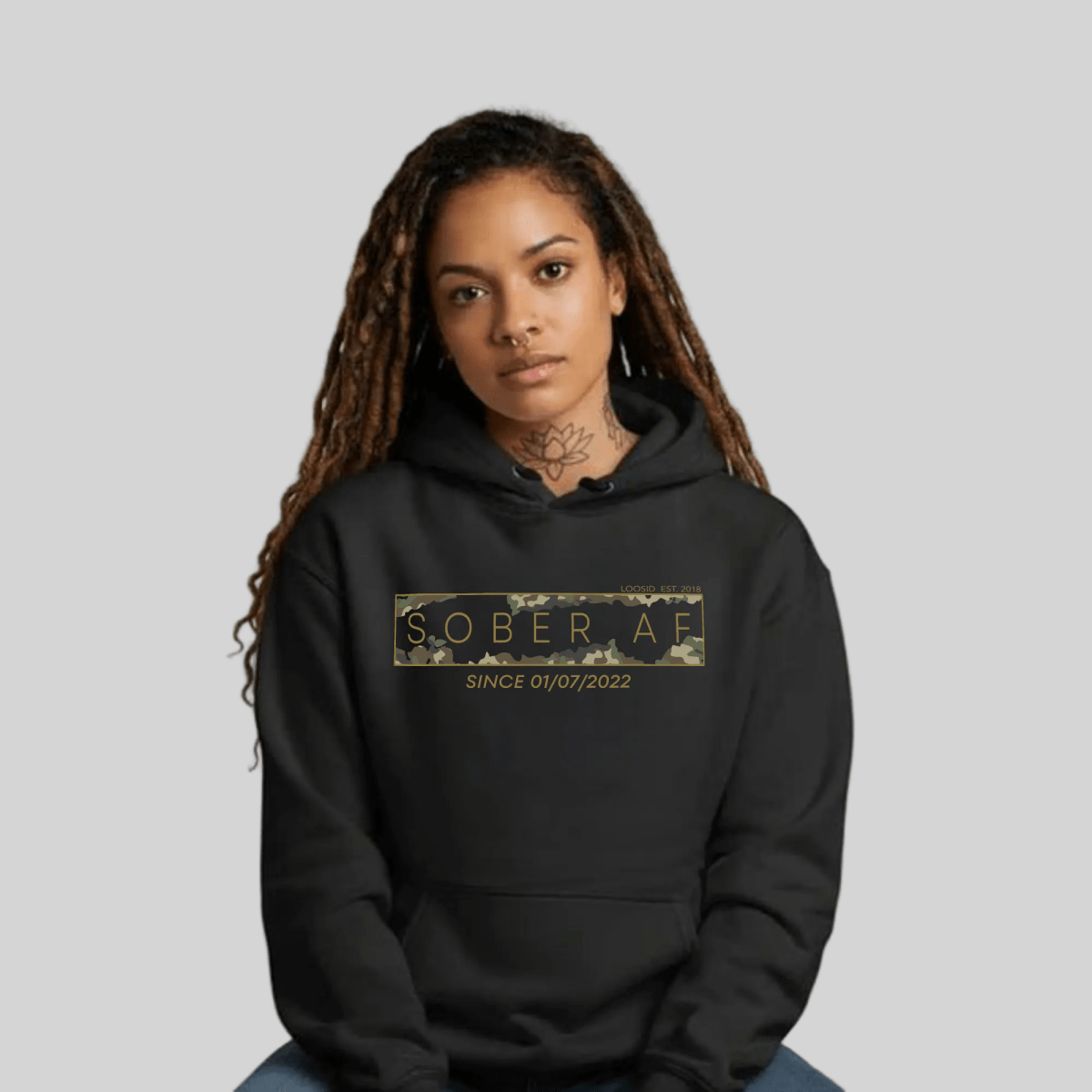 Sober AF Camo Recovery Hoodie lifestyle view (view 5)