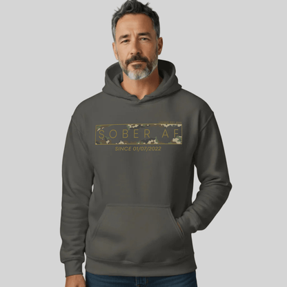 Sober AF Camo Recovery Hoodie flat lay styled image (view 13)