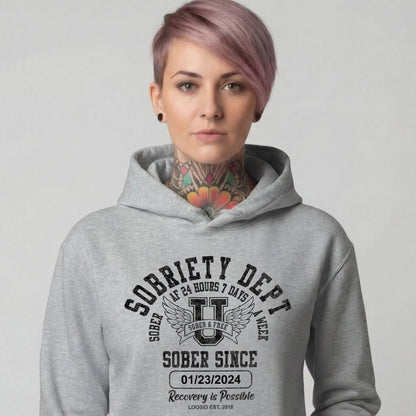 Sobriety Dept Recovery Hoodie flat lay styled image (view 23)