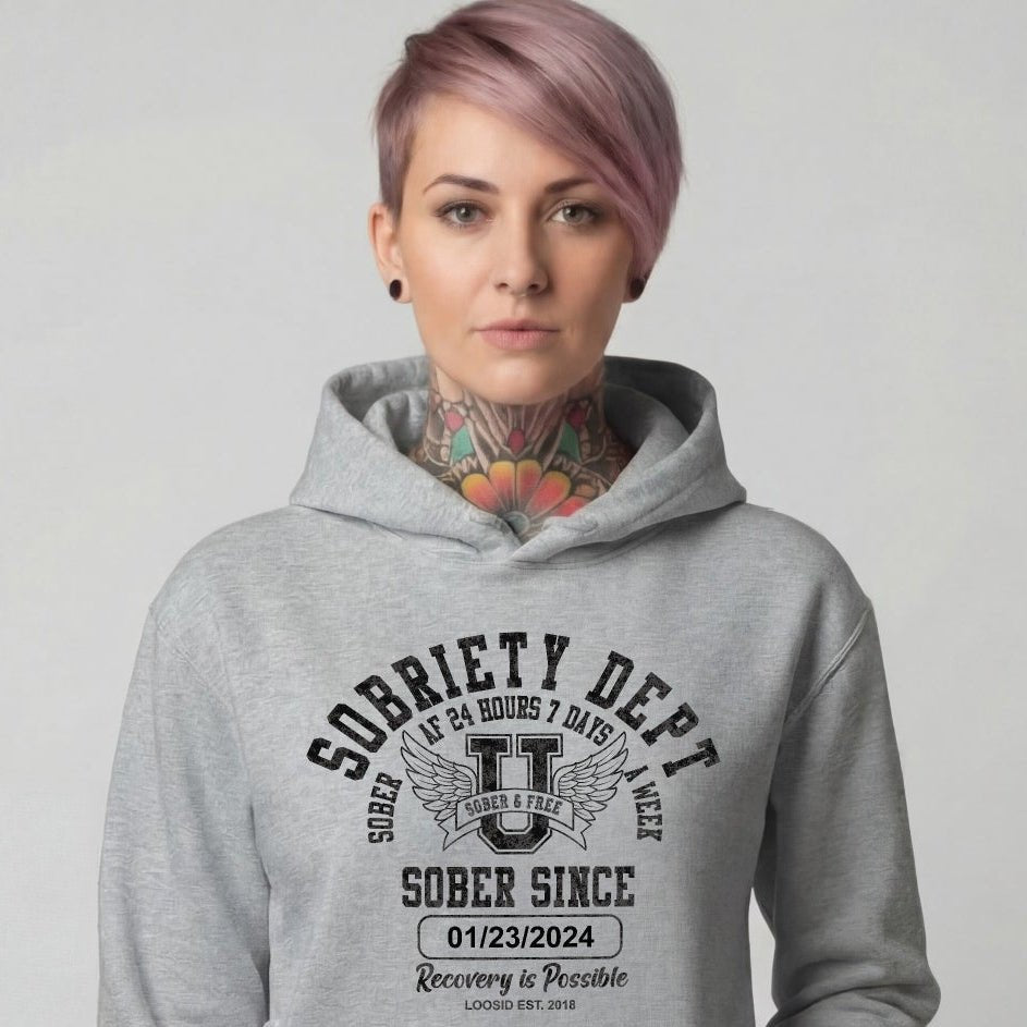 Sobriety Dept Recovery Hoodie flat lay styled image (view 23)