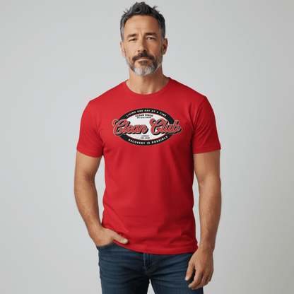 Clean Club Badge Unisex with Custom Recovery Sober T Shirt back view (view 7)