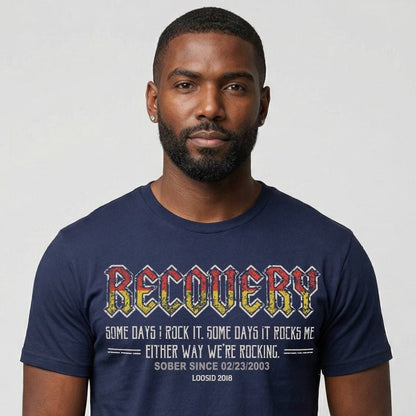 Recovery Rock Sober T Shirt flat lay styled image (view 13)
