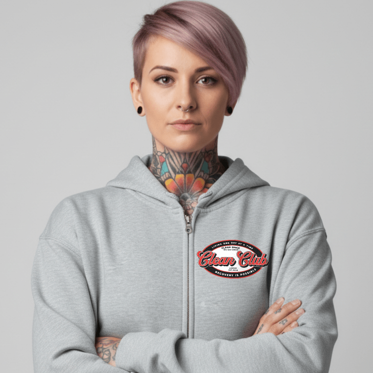 Clean Club Badge Left Chest Print Unisex Zip Recovery Hoodie close-up view (view 12)