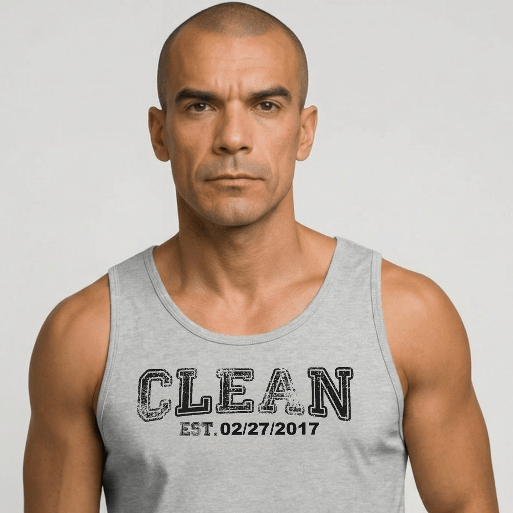 Clean Men's W Personalize Recovery Date Sober Tank Top lifestyle view (view 15)