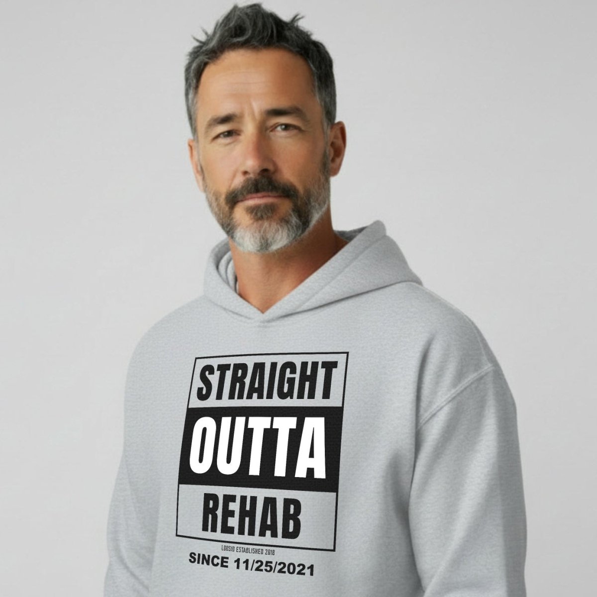 Straight Outta Rehab Recovery Hoodie flat lay styled image (view 23)