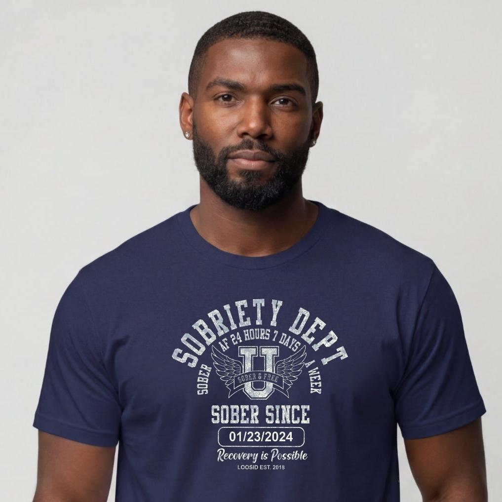 Sobriety Dept Men's T-Shirt with Custom Sobriety Date
