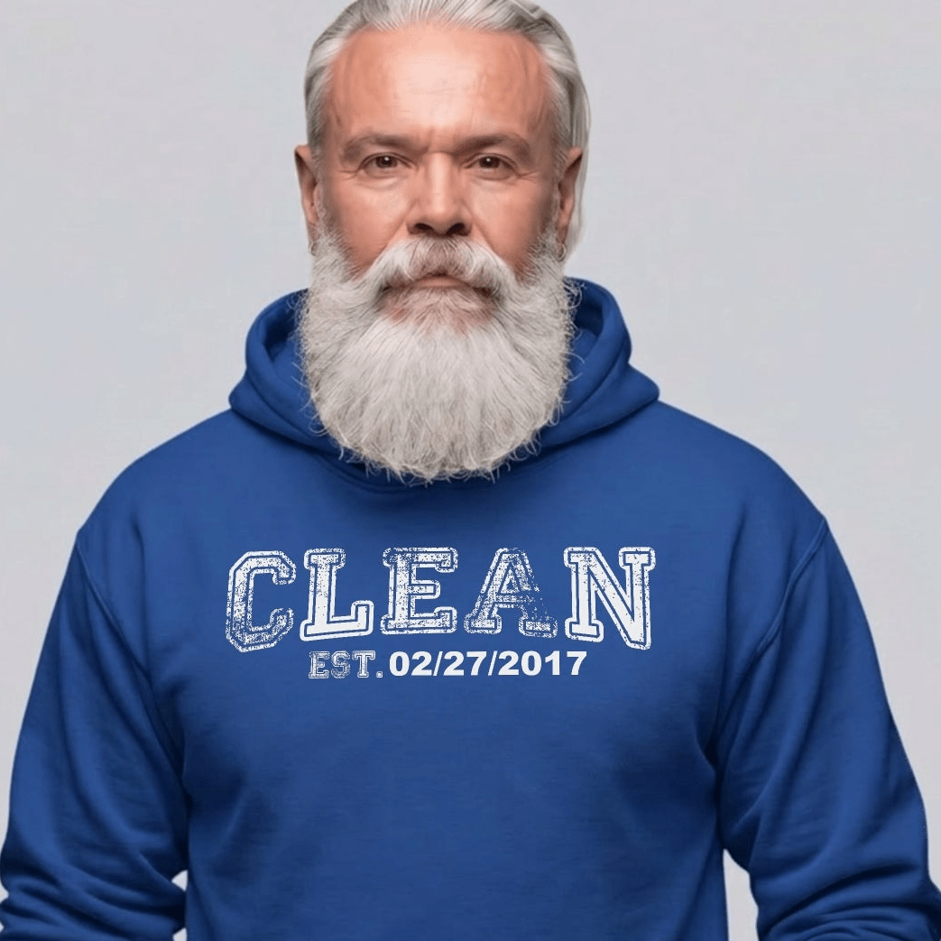 Clean Collegiate Hoodie W Personalize Recovery Date Recovery Hoodie close-up view (view 12)