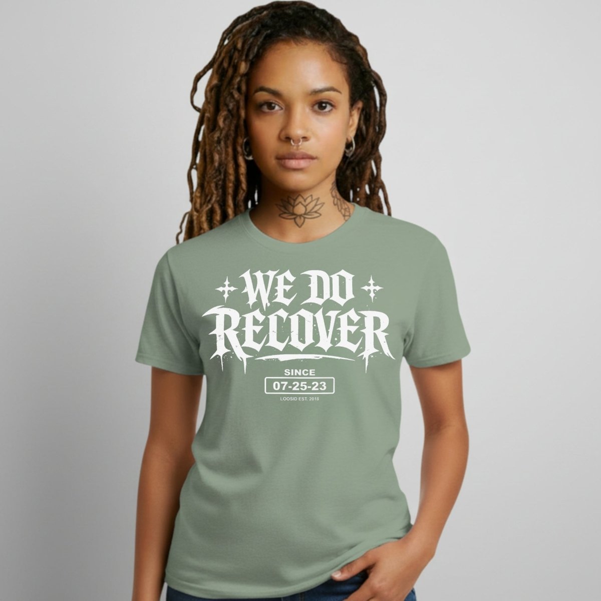 We Do Recover Female Sober T Shirt flat lay styled image (view 13)